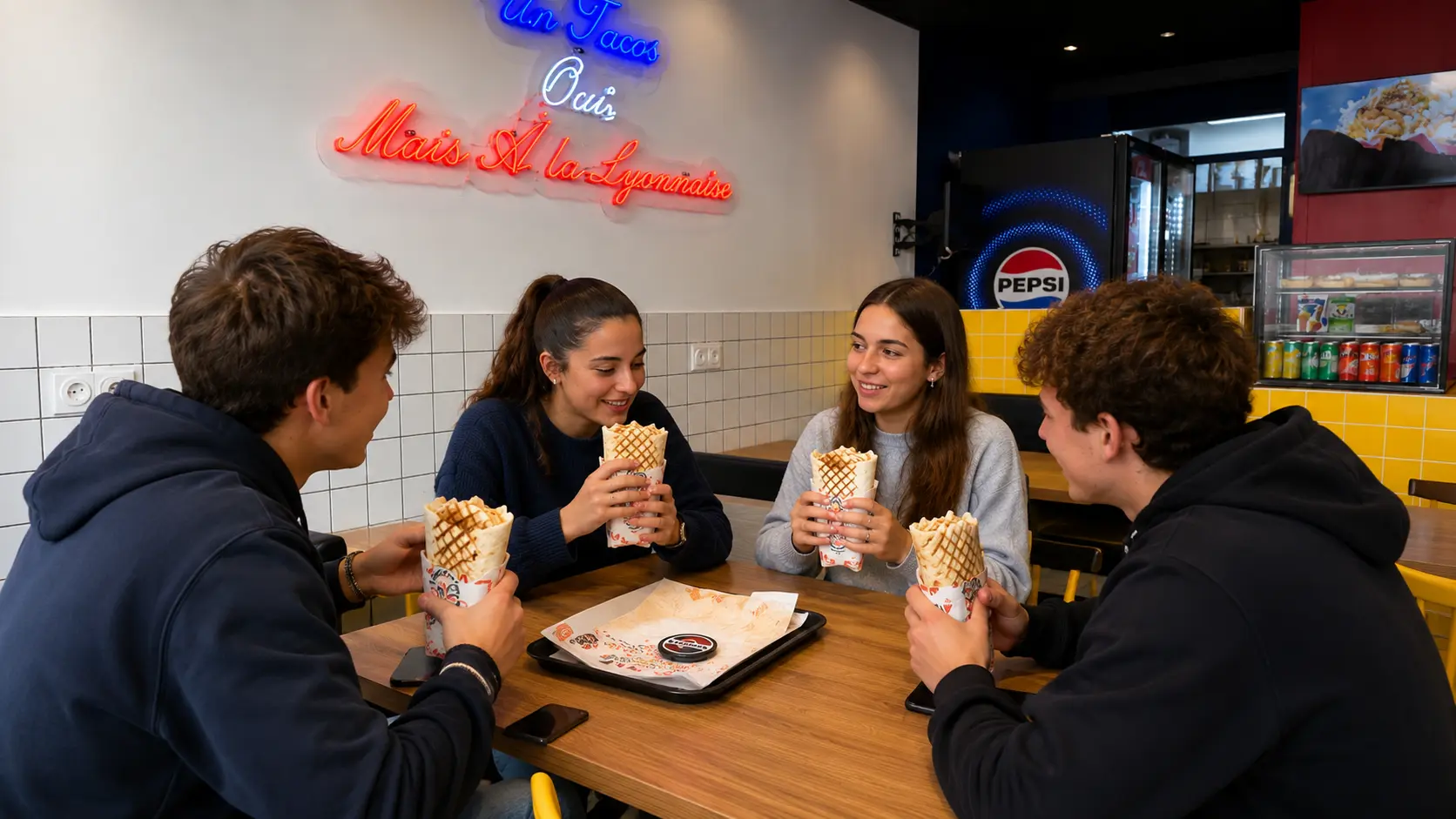 Des étudiants partagent un tacos lyonnais À la Lyonnaise
