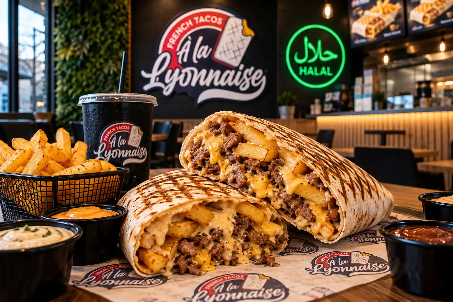 Tacos halal À la Lyonnaise, viandes fraîches françaises 100% halal